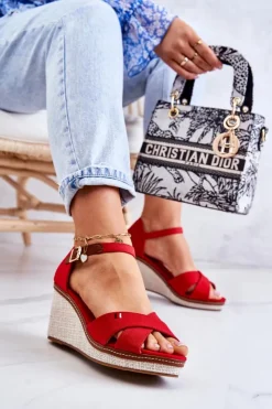 New Boto Damskie Sandały Na Koturnie Czerwone Veenus