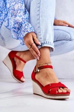 New Boto Damskie Sandały Na Koturnie Czerwone Veenus