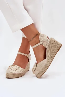 Damskie Boto Damskie Sandały Na Koturnie Z Plecionką I Szydełkowym Kwiatem Beżowe Ismilea