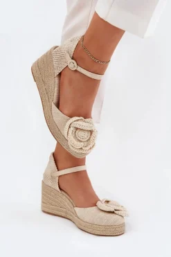 Damskie Boto Damskie Sandały Na Koturnie Z Plecionką I Szydełkowym Kwiatem Beżowe Ismilea