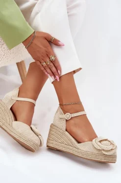 Damskie Boto Damskie Sandały Na Koturnie Z Plecionką I Szydełkowym Kwiatem Beżowe Ismilea