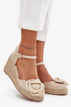 Damskie Boto Damskie Sandały Na Koturnie Z Plecionką I Szydełkowym Kwiatem Beżowe Ismilea
