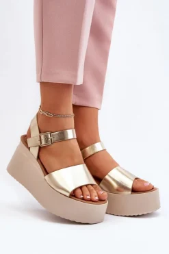 Sale Boto Damskie Sandały Na Koturnie Złote Geferia