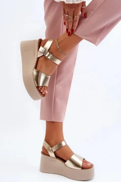 Sale Boto Damskie Sandały Na Koturnie Złote Geferia