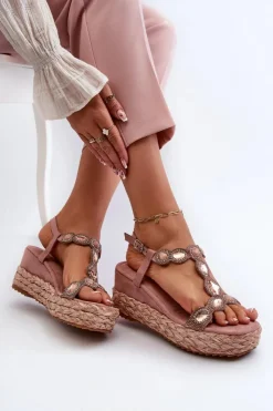 Damskie buty S.Barski Sandały Na Obcasie|Sandały Na Koturnie*Damskie Sandały Na Koturnie Z Plecionką S.Barski MY291 Różowe