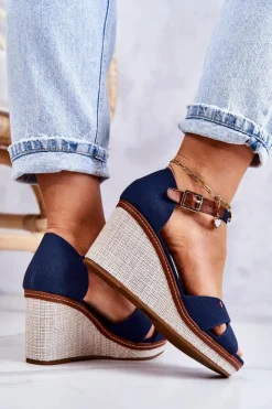 Damskie Boto Damskie Sandały Na Koturnie Granatowe Veenus