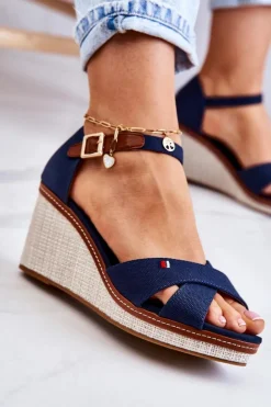 Damskie Boto Damskie Sandały Na Koturnie Granatowe Veenus