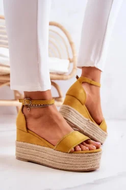 Boto Sandały Na Koturnie*Damskie Sandały Na Koturnie Z Cyrkoniami Żółte Linette