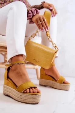 Boto Sandały Na Koturnie*Damskie Sandały Na Koturnie Z Cyrkoniami Żółte Linette