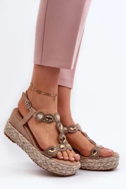 Outlet Damskie buty S.Barski Damskie Sandały Na Koturnie Z Plecionką S.Barski MY291 Beżowe