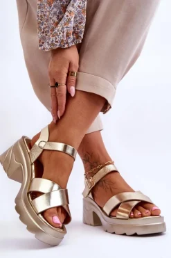 Boto Sandały Na Obcasie*Damskie Sandały Na Masywnym Obcasie Złote Hillary