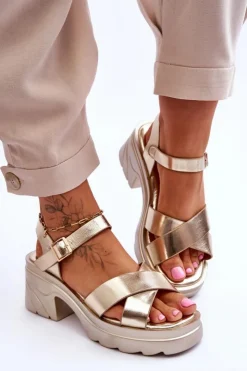 Boto Sandały Na Obcasie*Damskie Sandały Na Masywnym Obcasie Złote Hillary