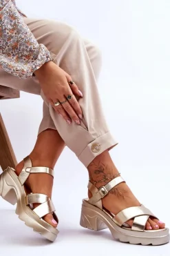 Boto Sandały Na Obcasie*Damskie Sandały Na Masywnym Obcasie Złote Hillary