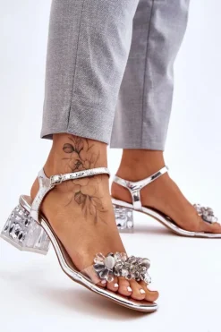 Damskie buty S.Barski Sandały Na Obcasie*Damskie Sandały Na Niskim Obcasie Z Ozdobami Srebrne Benicio