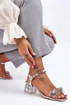 Damskie buty S.Barski Sandały Na Obcasie*Damskie Sandały Na Niskim Obcasie Z Ozdobami Srebrne Benicio