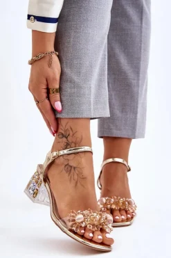 Damskie Damskie buty S.Barski Damskie Sandały Na Niskim Obcasie Z Ozdobami Złote Benicio