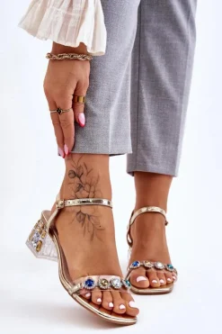 Discount Damskie buty S.Barski Damskie Sandały Na Obcasie Z Kryształkami Złote Esma