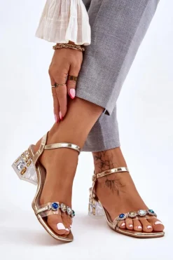 Discount Damskie buty S.Barski Damskie Sandały Na Obcasie Z Kryształkami Złote Esma