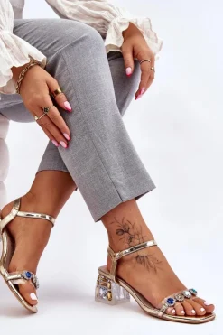 Discount Damskie buty S.Barski Damskie Sandały Na Obcasie Z Kryształkami Złote Esma