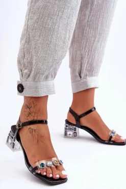 Damskie buty S.Barski Sandały Na Obcasie*Damskie Sandały Na Obcasie Z Kryształkami Czarne S.Barski MR1037-01 Czarny