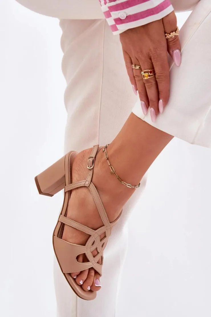 Discount Buty Sergio Leone Damskie Sandały Na Obcasie Słupku Sergio Leone SK884 Beżowe Beżowy