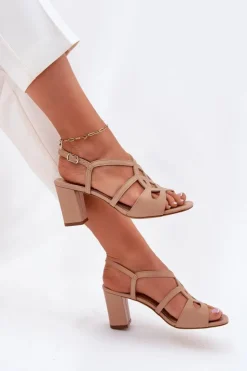 Discount Buty Sergio Leone Damskie Sandały Na Obcasie Słupku Sergio Leone SK884 Beżowe Beżowy