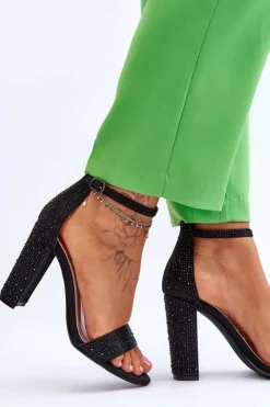 Outlet Boto Damskie Sandały Na Obcasie Z Cyrkoniami Czarne Idealistic