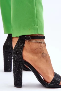 Outlet Boto Damskie Sandały Na Obcasie Z Cyrkoniami Czarne Idealistic