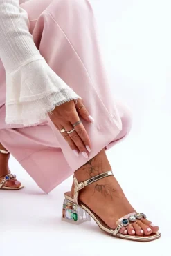 Damskie buty S.Barski Sandały Na Obcasie*Damskie Sandały Na Obcasie Z Kryształkami Złote S.Barski MR1037-01