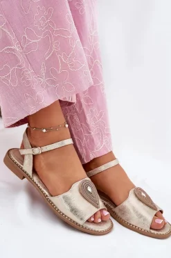 Discount Damskie buty S.Barski Damskie Sandały Na Płaskim Obcasie Z Ozdobą S.Barski KV51-098 Złote Złoty