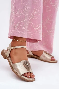 Discount Damskie buty S.Barski Damskie Sandały Na Płaskim Obcasie Z Ozdobą S.Barski KV51-098 Złote Złoty