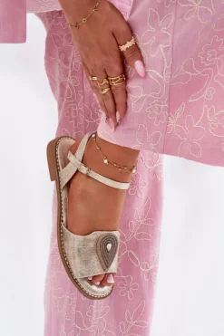 Discount Damskie buty S.Barski Damskie Sandały Na Płaskim Obcasie Z Ozdobą S.Barski KV51-098 Złote Złoty