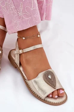 Discount Damskie buty S.Barski Damskie Sandały Na Płaskim Obcasie Z Ozdobą S.Barski KV51-098 Złote Złoty