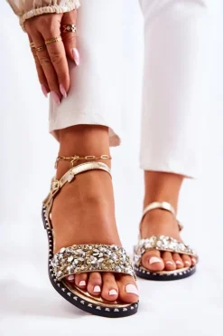 Damskie Boto Damskie Sandały Na Płaskim Obcasie Z Ćwiekami Złote Francesca