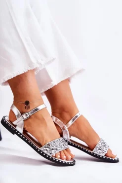 Damskie Boto Damskie Sandały Na Płaskim Obcasie Z Ćwiekami Srebrne Francesca