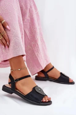 Damskie Damskie buty S.Barski Damskie Sandały Na Płaskim Obcasie Z Ozdobą S.Barski KV51-098 Czarne