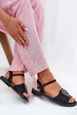 Damskie Damskie buty S.Barski Damskie Sandały Na Płaskim Obcasie Z Ozdobą S.Barski KV51-098 Czarne