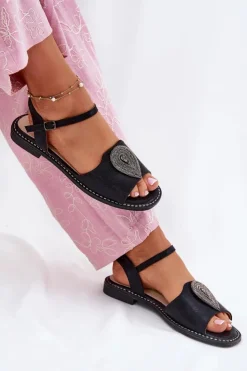 Damskie Damskie buty S.Barski Damskie Sandały Na Płaskim Obcasie Z Ozdobą S.Barski KV51-098 Czarne