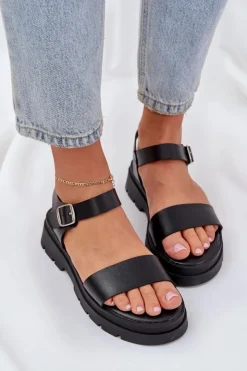 Boto Sandały Płaskie*Damskie Sandały Na Platformie Czarne Evaretha Czarny
