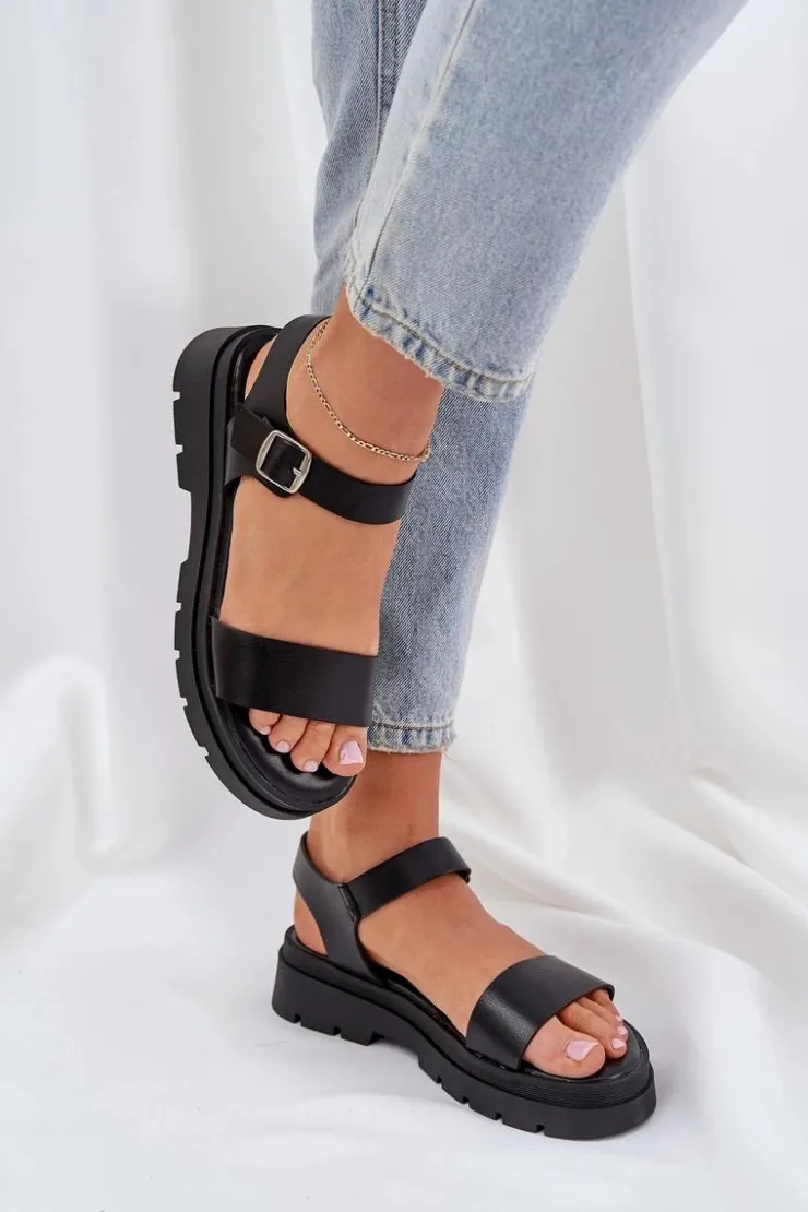 Boto Sandały Płaskie*Damskie Sandały Na Platformie Czarne Evaretha Czarny