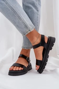 Boto Sandały Płaskie*Damskie Sandały Na Platformie Czarne Evaretha Czarny