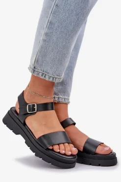Boto Sandały Płaskie*Damskie Sandały Na Platformie Czarne Evaretha Czarny