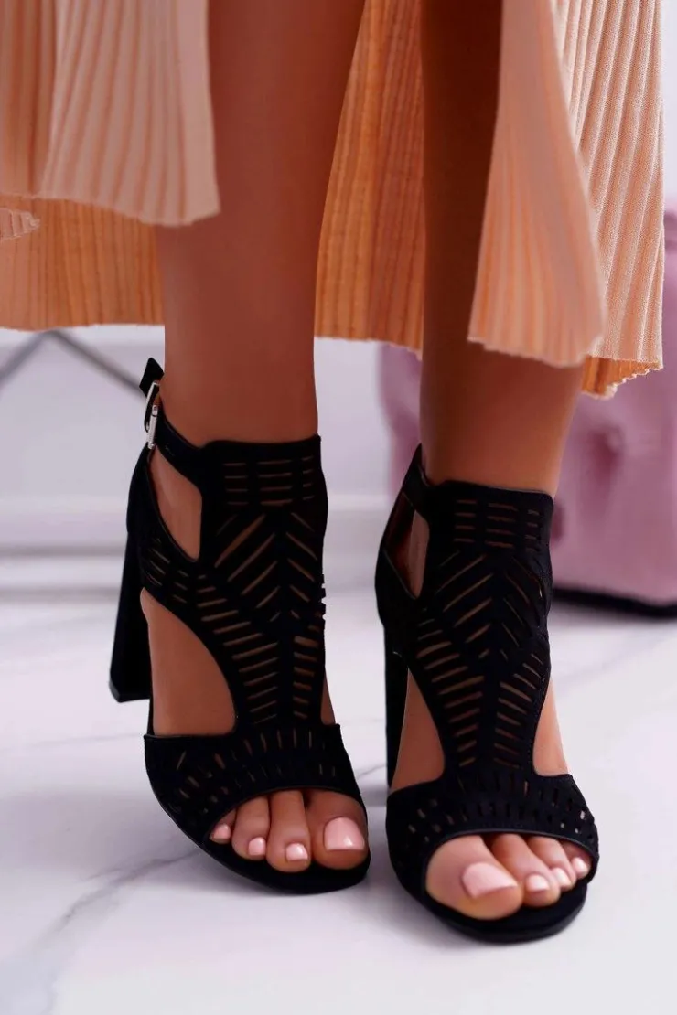 Sale Boto Damskie Sandały Na Słupku Peep Toe Czarne Carmelita