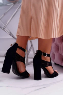 Sale Boto Damskie Sandały Na Słupku Peep Toe Czarne Carmelita