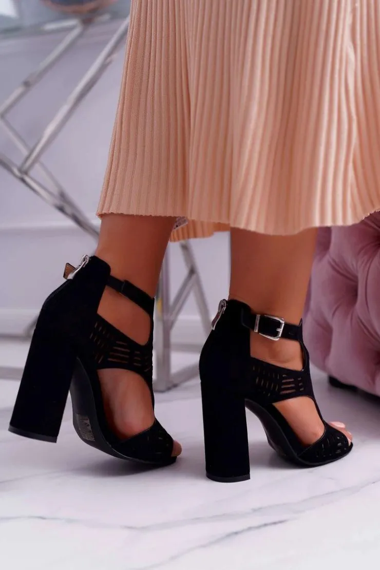 Sale Boto Damskie Sandały Na Słupku Peep Toe Czarne Carmelita