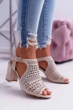 Boto Sandały Na Obcasie*Damskie Sandały Na Słupku Peep Toe Beżowe Olenia