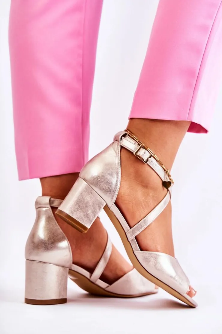 Damskie Buty Sergio Leone Damskie Sandały Na Słupku Sergio Leone SK825 Złote Satynowe