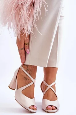 Sale Buty Sergio Leone Damskie Sandały Na Słupku Sergio Leone SK864 Perłowe Beżowe