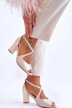 Sale Buty Sergio Leone Damskie Sandały Na Słupku Sergio Leone SK864 Perłowe Beżowe