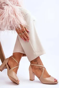 Sale Buty Sergio Leone Damskie Sandały Na Słupku Sergio Leone SK864 Ciemnobeżowe